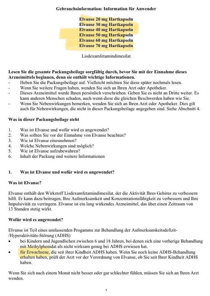 ⚠ Elvanse ohne „Adult” verfügbar für Erwachsene Elvanse 20/40/60 mg Medikamentöse Behandlung